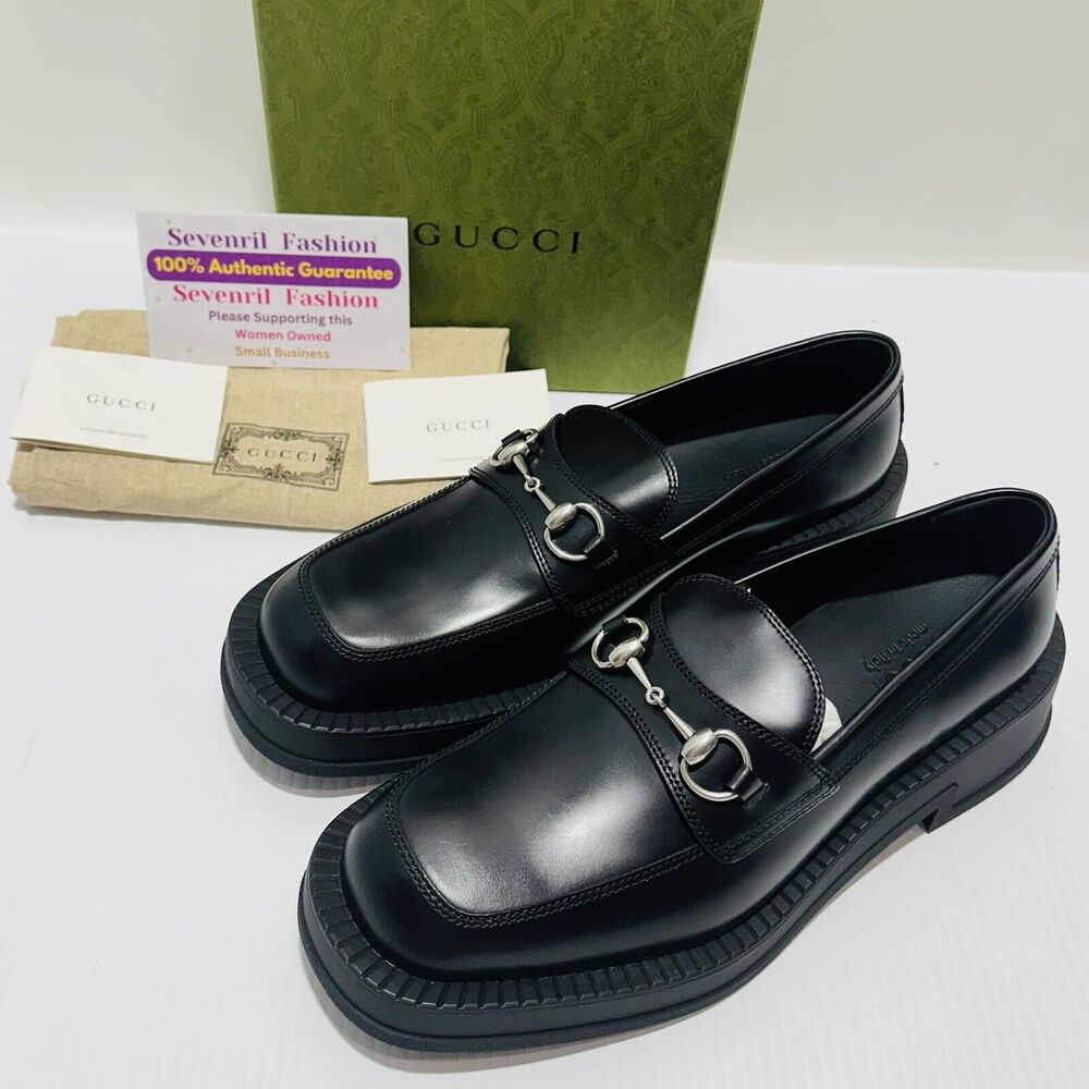 Gucci Horsebit Chunky Loafers Lug Sole Black Leather Shoes G 9/ US 9.5 NIB $990 - Picture 2 of 13